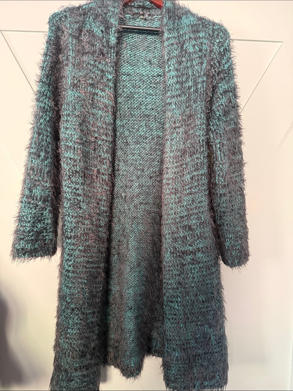 Open-Front Fuzzy Long Cardigan in Teal and Gray